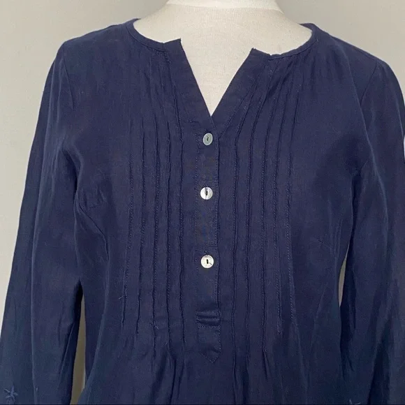 Malvin 100% Linen and Lace Trim Navy Embroidered Dress, Size Small 6 - Picture 3 of 11